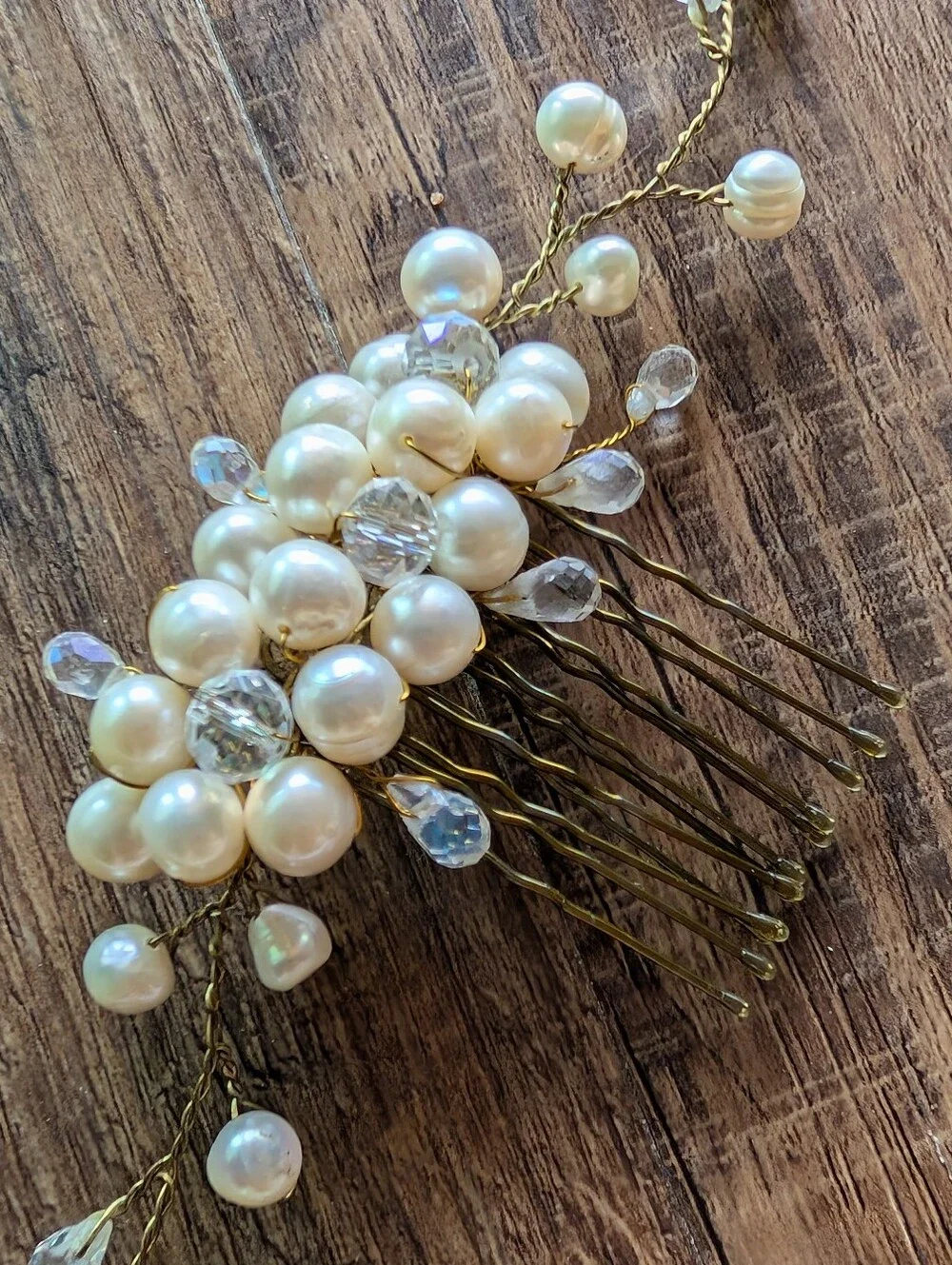 Pearl and Crystal Bridal Hair Comb - Gold Tone